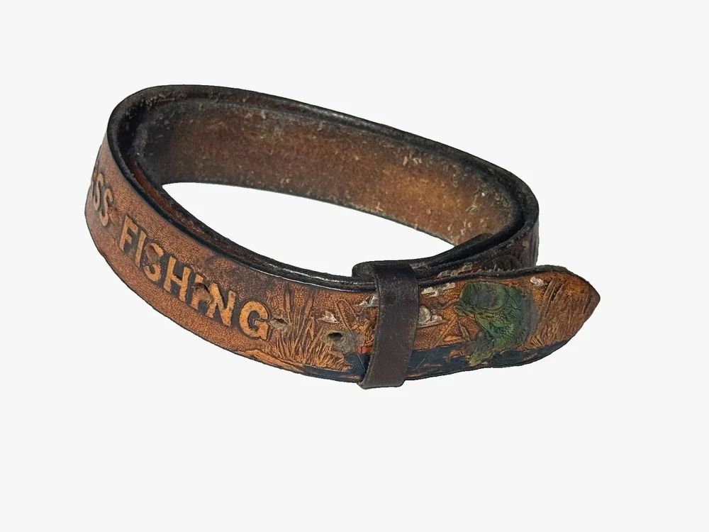 Mens Vintage Bass Fishing Belt Genuine Tooled Leather Painted Design Size 34 36